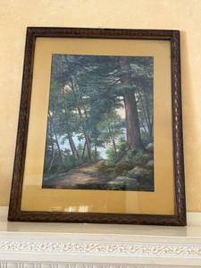 lot 9 image: Forest Landscape with Path Leading to Water Signed Art Print in Ornate Dark Wood Frame