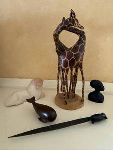 lot 11 image: Wood Giraffe  Sculpture on Round Base - Mixed Figurines (Lot of 5)