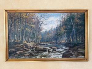 lot 16 image: Forest  Landscape with Stream  - Oil on Canvas signed by Morse