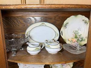 lot 28 image: Porcelain Serving Tray, Sugar & Sugar w Floral Border & Gold Trim, Porcelain Plate, Two Glass Serving Trays