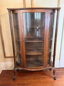 Antique Oak Curio Cabinet - Curved Glass Doors, Pillars