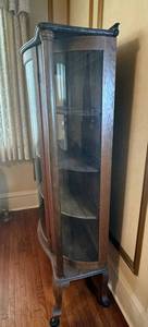 Antique Oak Curio Cabinet - Curved Glass Doors, Pillars