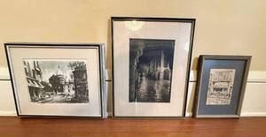 lot 33 image: Framed Cityscape Prints - Black & White - Signed ALFON (Lot of 3)