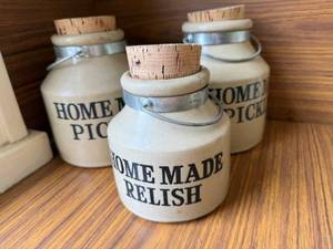 lot 34 image: Home Made Relish & Pickles Jars - 3-Piece Ceramic Set - Made in England