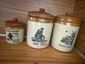 lot 38 image: Vintage Ceramic Canister Set with Lids - Candy Treats & Cracker Barrel (3-Piece)