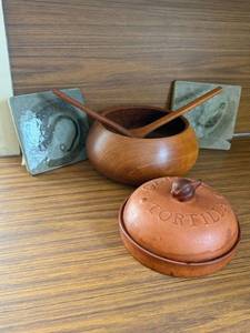 lot 39 image: Wooden Salad Bowl with Seving Set, Tortilla Warmer Set - Clay Pot with Lid