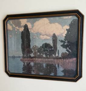 lot 40 image: Framed Lakeside Landscape Art Print with Tall Trees by Water