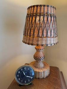 lot 41 image: Woven Rattan Table Lamp & Vintage Alarm Clock