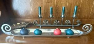 lot 45 image: Wrought Iron Candelabrum 4-Arm With Teal Candles - Hammered Tray With 4 Glass Orbs