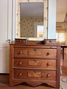 lot 47 image: Antique 5 Drawer Wood Chest  with Floating Mirror, 2 Small Upper Drawers