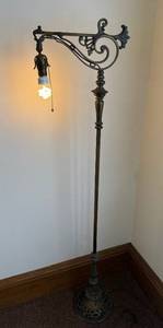 lot 52 image: Ornate Cast-Iron Floor Lamp with Scroll Arm and Lattice Base