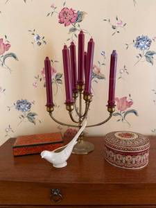 lot 55 image: Brass Candelabra with Red Candles - White Bird Figurine - Patterned Round Tin Box