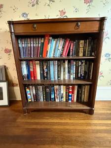 lot 56 image: Oak Bookcase with Top Drawer Lion Head Pulls - Vintage 3-Shelf Cabinet books NOT included