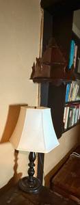 lot 66 image: Vintage Table Lamp with White Shade & Ornate Wood Wall Shelf