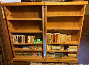 lot 74 image: Oak Bookcase Set - 2 Matching Wooden Shelving Units  books NOT included