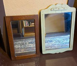 lot 78 image: Pair of Vintage Wooden Wall Mirrors - Brown Rectangular & Pale Green Ornate Frame