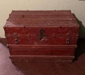 lot 80 image: Steamer Trunk - Antique Red Wood with Iron Hardware