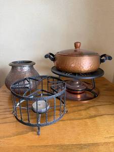 lot 85 image: Fondue w Lid on Stand - Rustic Metal Vase - Wrought Iron Candle Cage