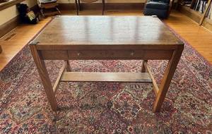 lot 92 image: Solid Wood Library Table Desk with Drawer and Lower Shelf