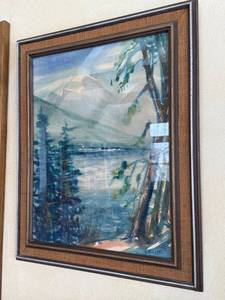 lot 100 image: Molder Landscape Painting - Mountain Lake Scene Framed Art 22x28