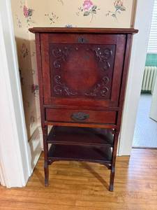 lot 101 image: Vintage Carved Wood Cabinet with Drawer and Open Shelves