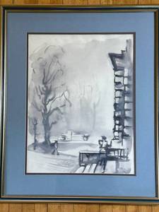 lot 102 image: Framed Monochrome Ink Wash Landscape Painting - Signed Molder Grayscale City Scene