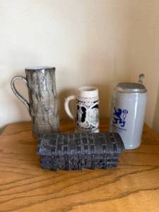 lot 105 image: Hand-Carved Black Wooden Keepsake Box with Parchment Interior - Vintage Trinket Chest, Steins