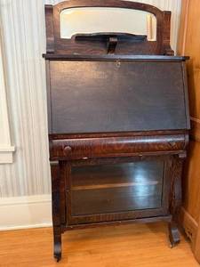 lot 110 image: Antique Secretary Desk with Drop-Front Writing Surface, Pigeonholes & Glass Door Bookcase