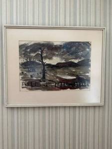lot 114 image: Framed Landscape Painting - Abstract Scene with Tree & Fence