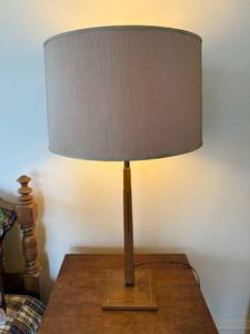 lot 125 image: Table Lamp - Mid-Century Modern Wood with Pleated Beige Shade & Gold Inlay