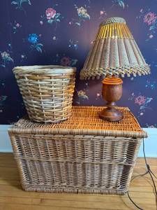 lot 127 image: Rectangular Wicker Storage Trunk - Lift-Top Lid, Basket & Lamp
