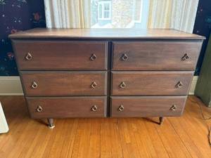 lot 128 image: Dark Wood Six-Drawer Dresser with Brass Ring Pulls - Vintage Bedroom Furniture