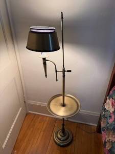 lot 132 image: Brass Floor Lamp w Adjustable Swing Arm & Black Shade, Circular Shelf Base