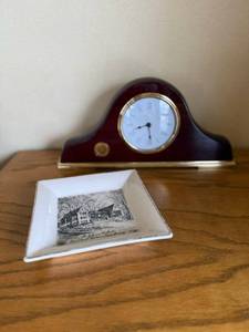 lot 144 image: Mantel Clock - Dark Wood Finish with Brass Trim & Square Ceramic Dish