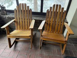 lot 151 image: Wooden Adirondack Chairs Set of 2 - Slat Back Patio Outdoor Seating