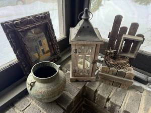 lot 154 image: Carved Wood Picture Frame with Painting - Rustic Ceramic Pot - Metal Lantern - Bird Nest Display