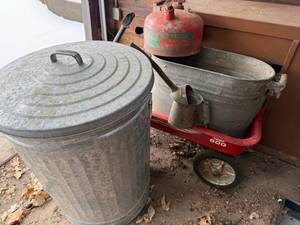 lot 157 image: Galvanized Oil Can, Trash Can with Lid - Red Wagon, Canco Tub, Metal Gas Can