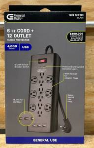 lot 228 image: Commercial Electric 6 FT Cord  12 Outlet Surge Protector