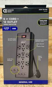 lot 229 image: Commercial Electric 6 FT Cord  12 Outlet Surge Protector