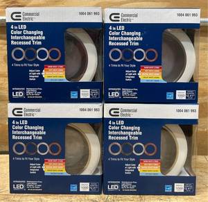 lot 234 image: Commercial Electric 4 in LED Color Changing Interchangeable Recessed Trim lot of 4