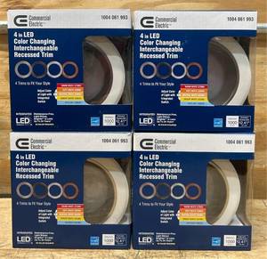 lot 235 image: Commercial Electric 4 in LED Color Changing Interchangeable Recessed Trim lot of 4
