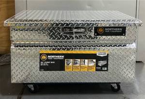 lot 269 image: Northern Tool  Equipment Wide Truck Toolbox, 36in.L x 24in.W x 18in.H, Aluminum, Diamond Plate, Pull Handle Latch #41882 Msrp $419.99