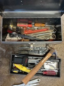 Tool Box w Mixed Hand Tools, Hardware, Sockets, Accessories & More  Large Lot