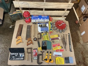 Large Mixed Tool Lot  Saws, Clamps, Drill Bits, Augers, Lanterns & More