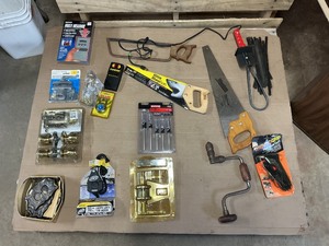 Cedar Chest  Mixed Tools & Hardware Lot  Hand Saw, Drill Brace, Glue Gun, Door Hardware & More