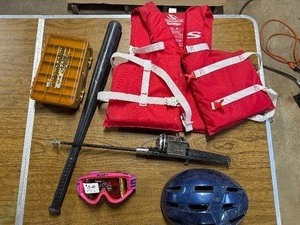 Sport Lot , tackle box, goggles , bike helmet , life vest
