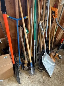 Huge lot of yard tools, rakes, garden claws edges