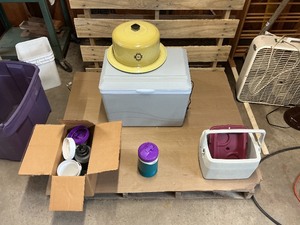 Coolers & Kitchenware Lot  Electric Cooler, Small Cooler, Vintage Yellow Enamel Pot & More