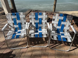 3-vintage Sunbeam webbed folding aluminum lawn chairs, featuring blue and white woven straps