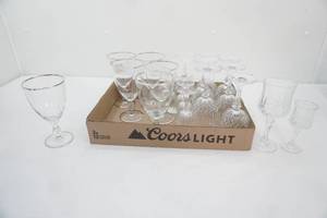 Crystal Cordial Glasses (6t), Crystal Wine Glasses (8ct), Silver Rimmed Water Glasses (6ct)